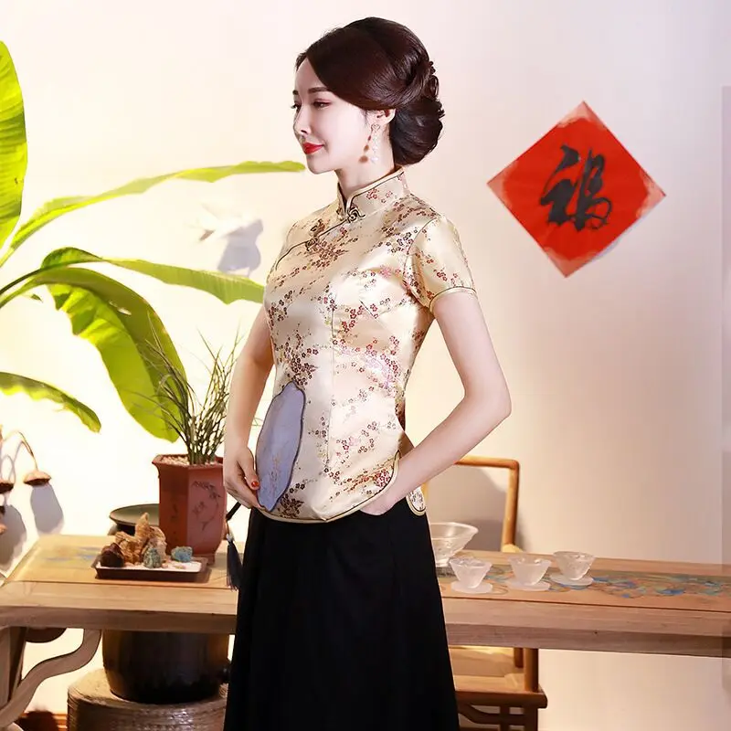 Letnia Koszulka Vintage Cheongsam Top Tee Chiński Strój Tang Damski Hanfu Krótki Rękaw T-Shirt Odzież Damska Bluzki Koszulki