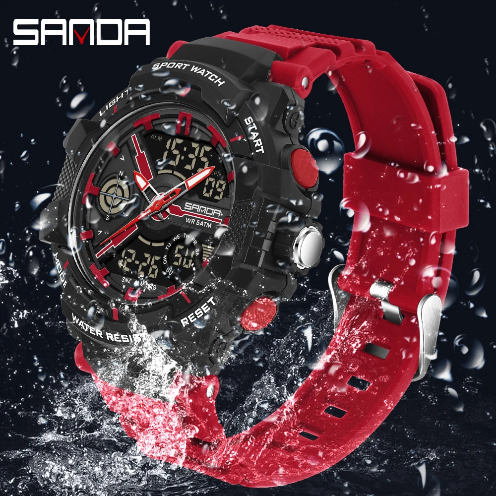 SANDA 6226 ساعة منبه رياضية للرجال ساعة توقيت إضاءة خلفية رقمية عرض مزدوج الوقت إضاءة مقاومة للماء ساعة كوارتز رجالية 2025