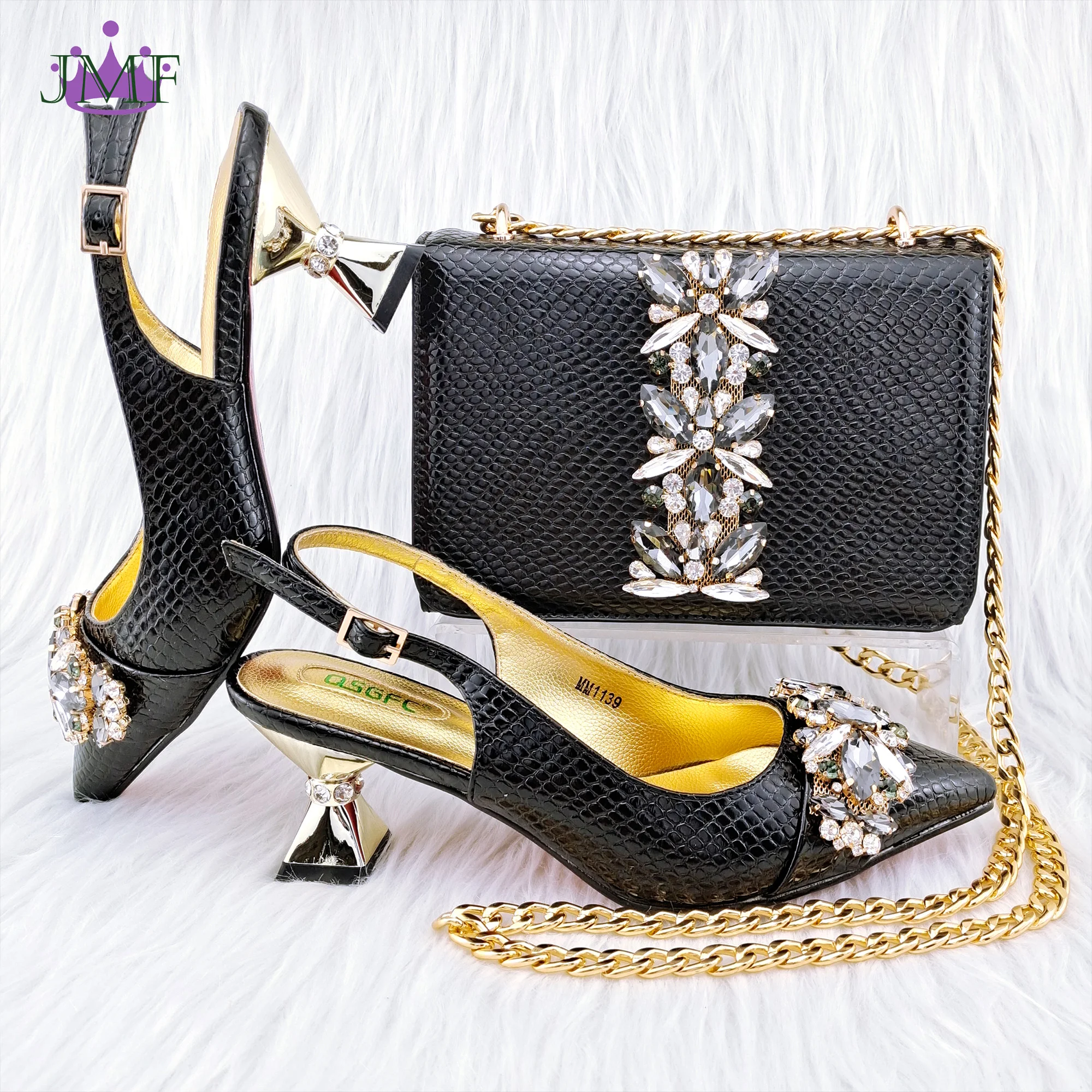 QSGFC  Italian Design Embossed Varnish Style Big Diamond Decoration Classic Noble Women Shoes and Bag Set