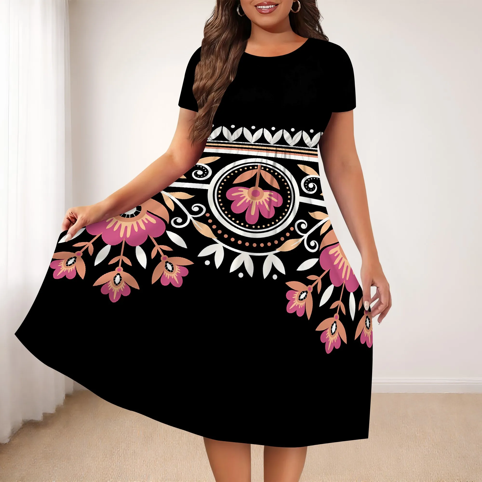 Nupusa Ethnic Floral Print Dress for Women Standard Size Summer Casual Crew Neck Short Sleeve Midi Dress