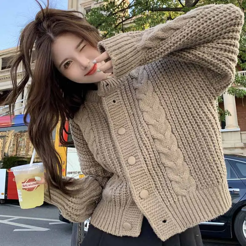 Vintage O-neck Knitting Cardigan Women Autumn Winter Simplicity Loose Solid Color Sweater Coat Sweet All-match Knitwear Tops