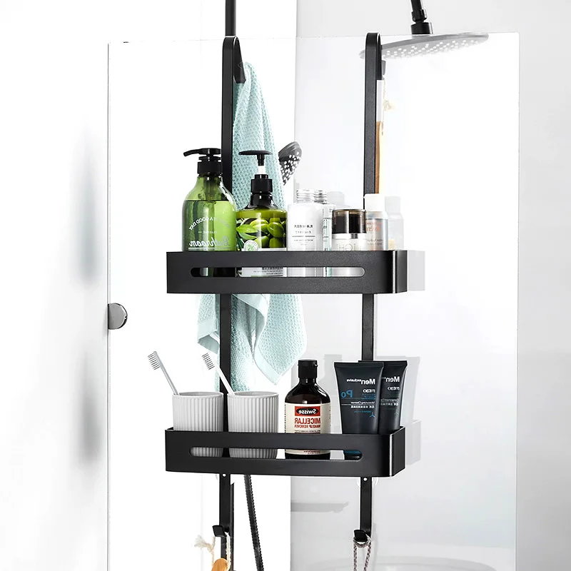 

Bathroom Shelf Shower Room Door Hanging Basket Double-Layers Metal Bath Punch-Free Storage Rack with Hook Toiletry Organizer