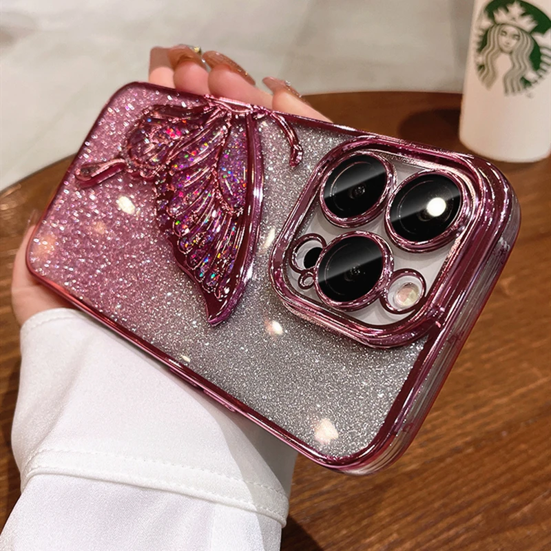 Luxury Quicksand Glitter Butterfly Soft Phone Case For iPhone 11 12 13 14 15 16 Pro Max Camera Protection Shockproof Clear Cover