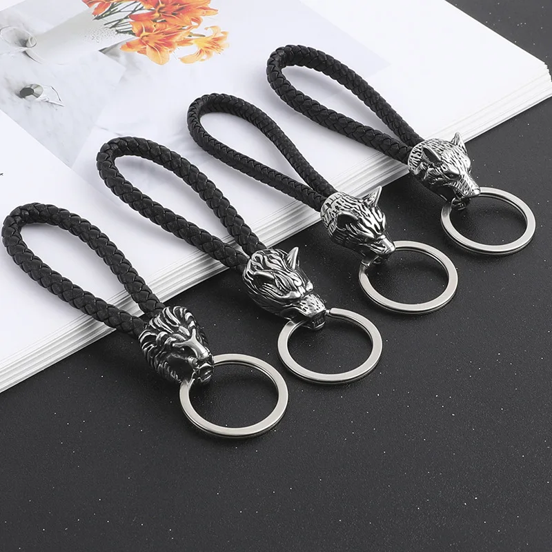 

Fashion Vintage Woven Leather Rope Key Chain Stainless Steel Wolf Head Lion Head DIY Key Ring Punk Goth Jewelry Accessories Gift