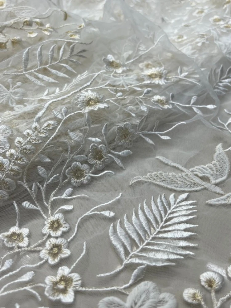 Mesh Embroidered Fabric Solid Color White Symmetrical Flower Heavy Industry High Density Embroidery Fabrics