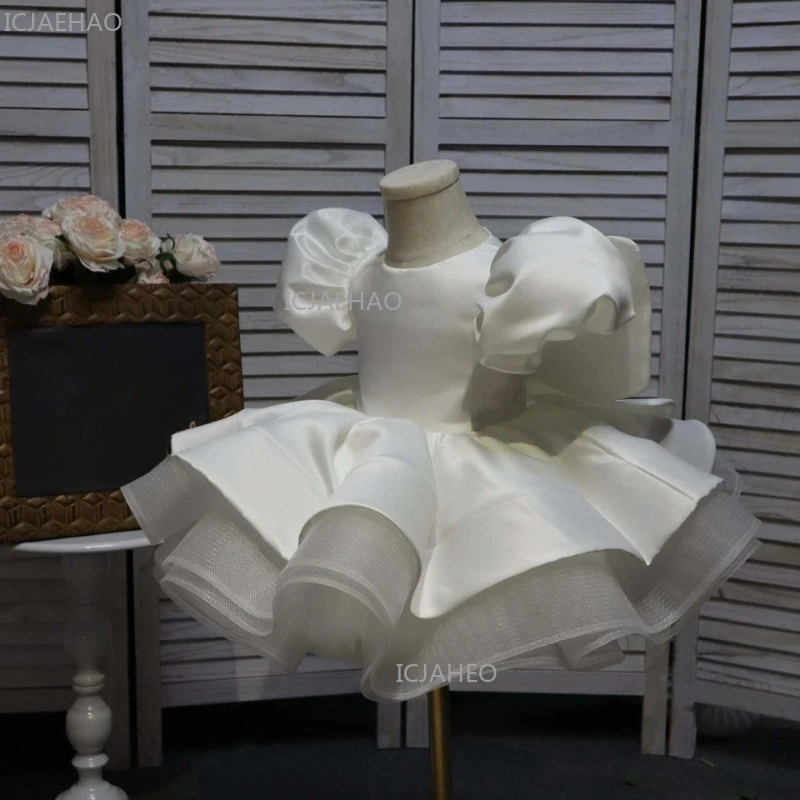 White Girls Bow Puff Sleeve Princess Dress Children Flower Girl Piano Recital Host Performance Outfit Pageant Formal Party Gown