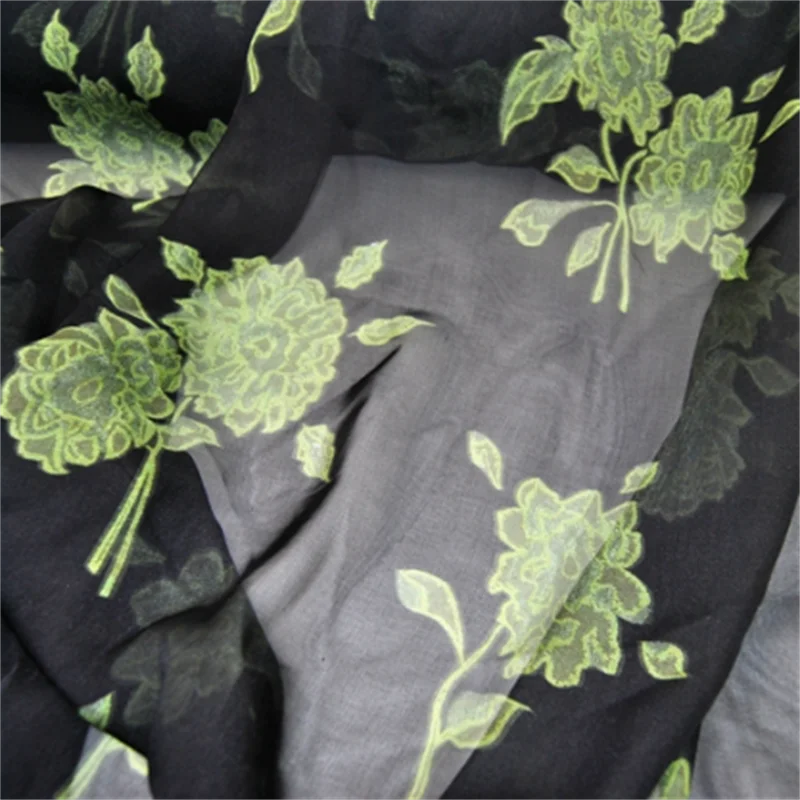 Hot Sale Silk Chiffon Fabric Large Green Floral Printing Design Elegant Style Chinese Supplier for Lady Popular Dress