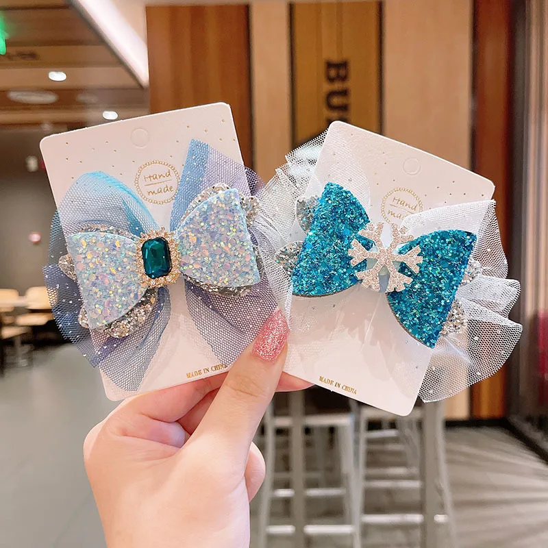 Chiffon Bow Hair Clips Girls Sweet Blue Shining Satin Bowknot Hair Clips Ribbon Bow Barrette Hairpin Grip Ponytail Clip Headwear