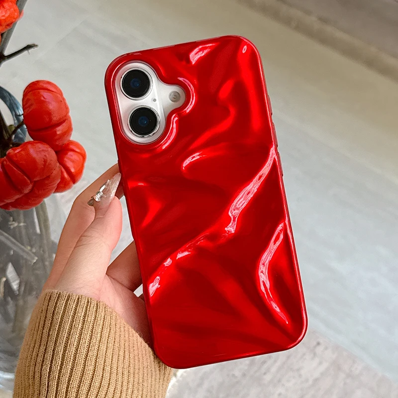 Red Glossy Irregular Wrinkle Phone Case For iPhone 16 Pro Max 15 13 12 11 14 Plus Soft Silicone Protective Back Cover - Image 4