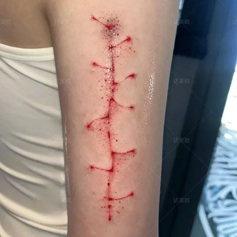 Temporary Tattoos Halloween Cosplay Red Fake Scar Sutured Wounds Arm Leg Body Tatoo Waterproof Fake Tattoo Sticker for Women Man