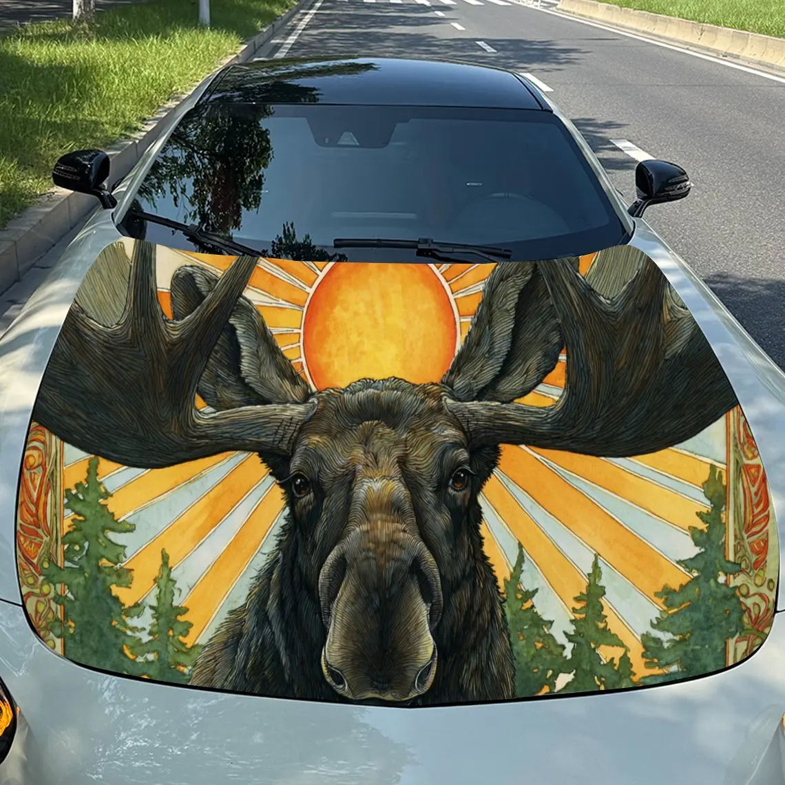 

Majestic Moose - Themed Car Hood Stickers - Self-Adhesive, Waterproof and Durable Vinyl Wrap, Decorate And Protect Your Car, Fi
