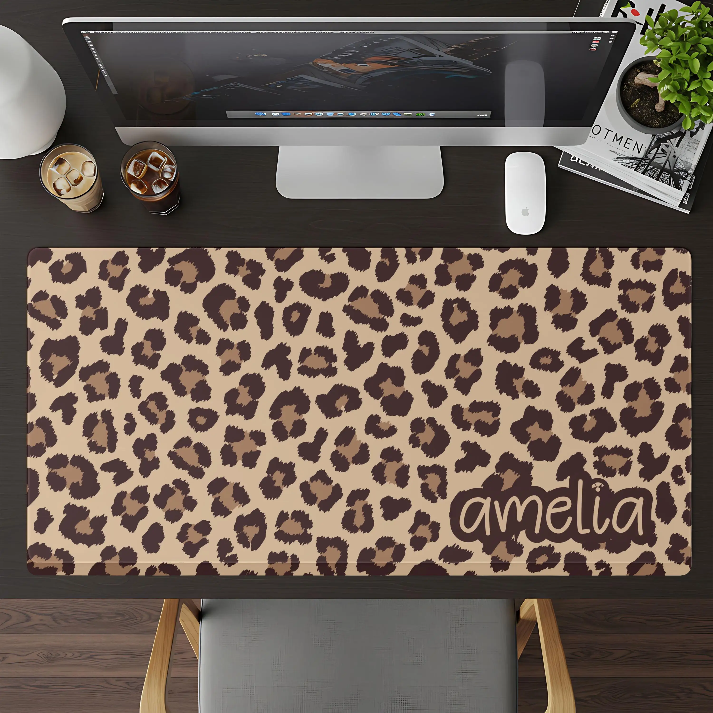Custom Leopard Print Desk Mat, Cheetah Room Decor, Coquette Chic Girly Desk Pad, Personalized Deskmat for Office & Desktop Decor