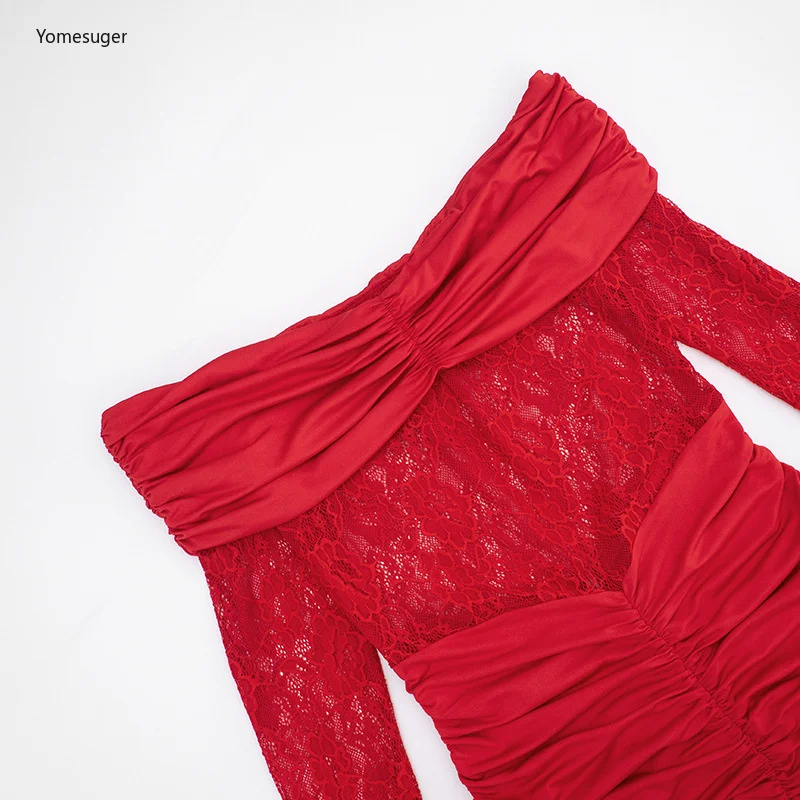 Yomesugar Sexy Lace Patchwork See Through Mini Dress Women Ruched Off Shoulder Full Sleeve Skinny Gown Birthday Party Clubwear