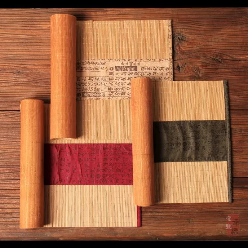Chinese Zen Tea Mat Set - Bamboo & Suede Table Runner with Ancient Pattern, Cotton Linen Dry Brew Tea Ceremony Accessories