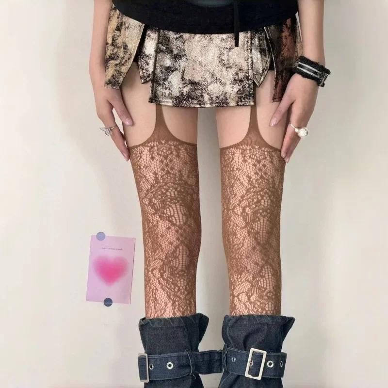 New Color Purple Tights Women Sexy Fishnet Flower Mesh Stockings with Garters Hollow Out Thigh High Socks Japanese JK Pantyhose