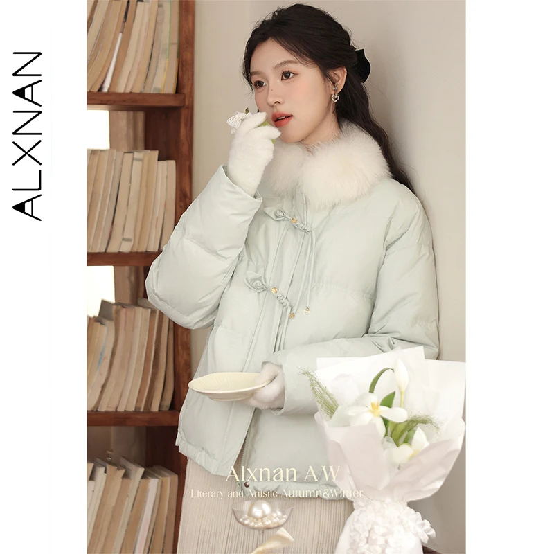 

ALXNAN Bean Green Women's Down Jacket 2026 Winter Chic Button Fur Collar Thickened Short 90 White Duck Warm Coats Jackets L51651