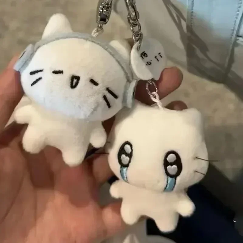 Cute Headphones Kitten Couple Keychain Mini Crying Cat Doll Plush Keyring Cartoon Dog Bee Bag Pendant Charms Backpack Decoration