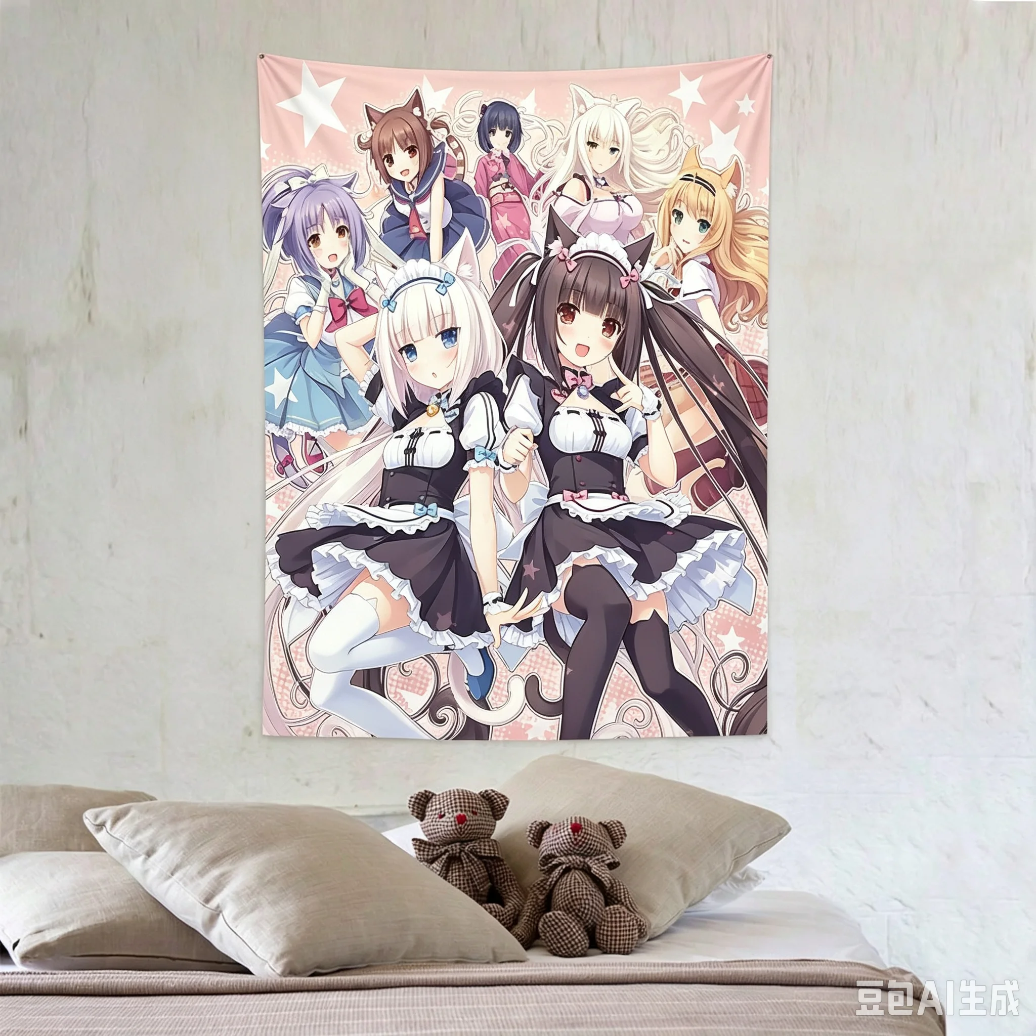 1pc Kawaii Nekopara Cat Maid Anime Wall Hanging, Polyester Japanese Manga Art Tapestry, Home Decoration Gift Multi‑Size