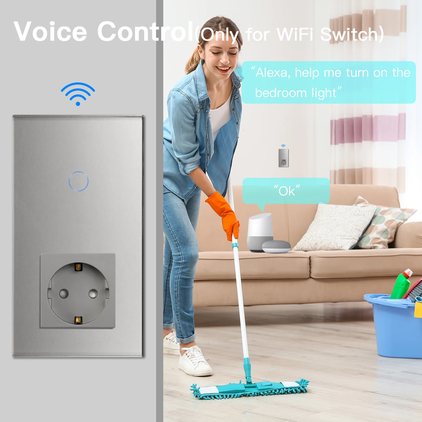 

BSEED Touch WIFI Switches Series Wall Smart Light Switches Blue LED Backlight Glass Tuya APP Switches EU Normal Wall Socket Grey