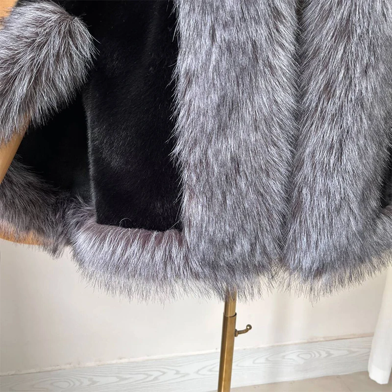 New  Winter Fake Mink Fur Shawl Coat With Fake Silver Fox Fur Collar Thick Warm Women\'s Fashion Luxury Female Jacket Cape