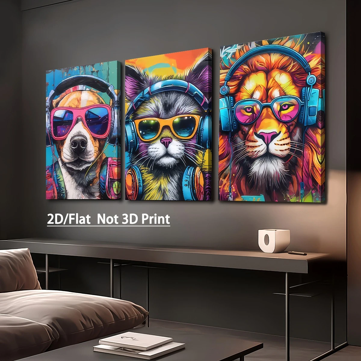 3 Panels Fashionable Retro Graffiti Animal Framed Canvas Lion Dog Cat Game Room Home Decor Poster Animal Theme Poster