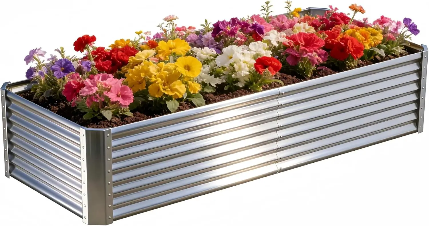 Jardinera Rectangular Grande de Metal Galvanizado Plateado para Exteriores, para Cultivo de Vegetales, Flores y Hierbas