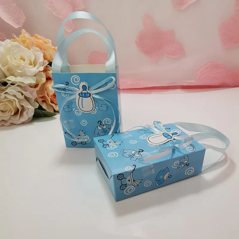 12/24 sztuk papieru butelka dla dziecka torby na prezenty urodziny Cookie pudełko na słodycze torebki z wstążką Baby Shower festiwal Party Decor