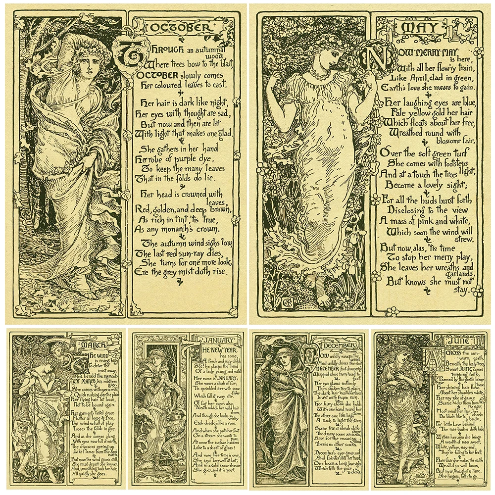 

The Procession Of The Months,Vintage Wall Art Canvas Painting,Message For The Month,Abstract Art Poster Print,Home Decoration