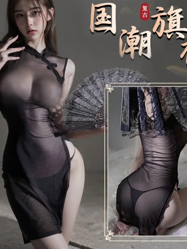 속옷 섹시한 얇은 Qipao 클래식 유니폼 투명 드레스 우아한 스탠드 칼라 블랙 하이 슬릿 드레스 밑단 민소매 QBC4