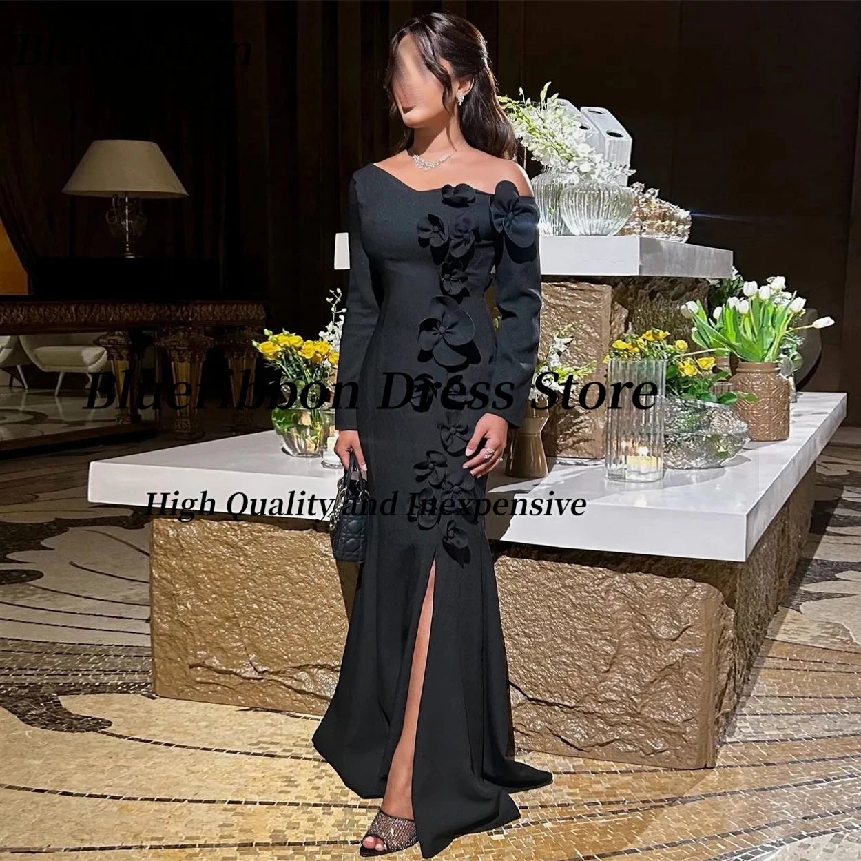 Blueribbon Black Side Slit Prom Dresses with Flowers Customized Vestidos Des Noches Long Sleeves Evening Party Saudi Women Wear