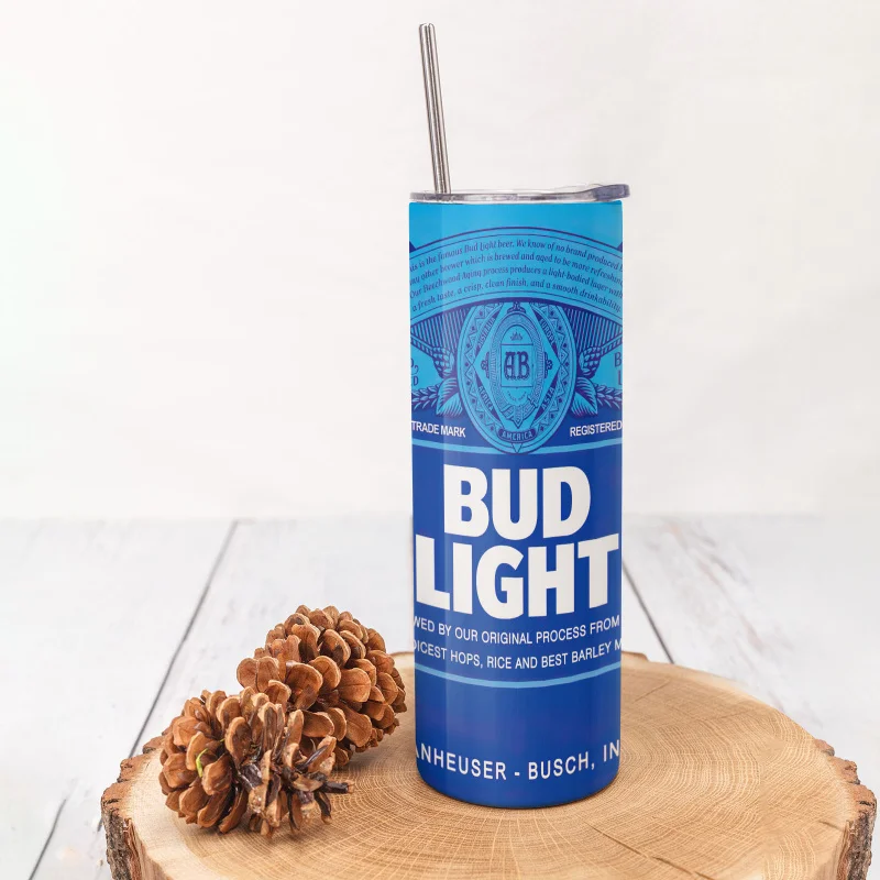 1pc 20oz Keep Cold Tumbler BUD Light Beer Can With Straw and Lid Stainless Steel Insulated Blue Water Bottle Gift for Music Fans