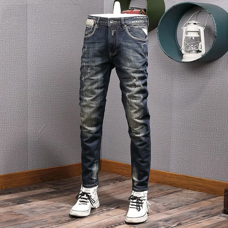 Streetwear Fashion Men Jeans High Quality Retro Deep Blue Stretch Slim Fit Ripped Jeans Men Vintage Designer Denim Pants Homme