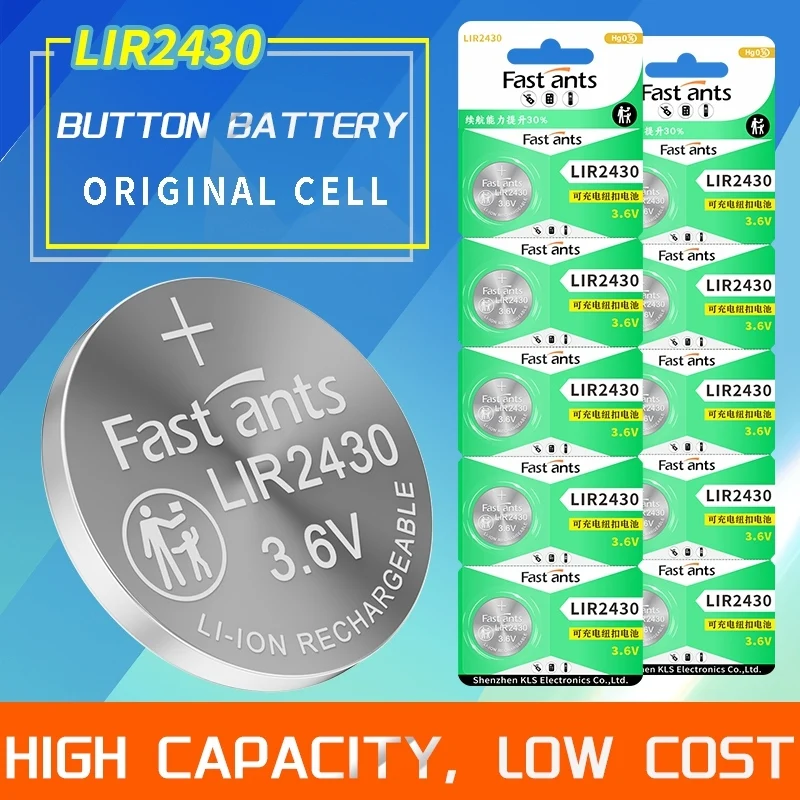 Batería de litio recargable LIR2430 de 3.6V y cargador de alta capacidad para reloj inteligente, llavero electrónico, pila de botón CR2430