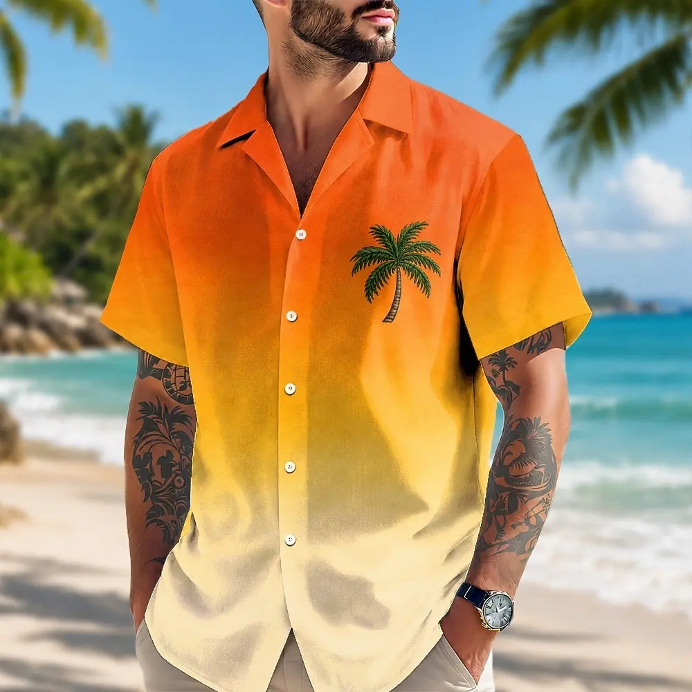 Camisa con solapa estampada en 3D para hombre, primavera-verano, camisa con botones y estampado de palmeras pequeñas en degradado naranja y amarillo para un look diario