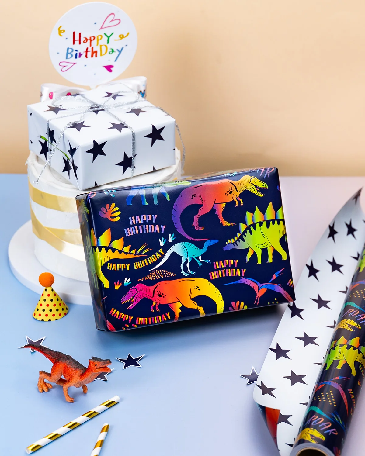 Dinosaur Birthday Wrapping Paper 43cm x 10m - Reversible Blue Stars Gift Wrap Paper Roll for Kids Boys,Baby Shower, Fathers Day view 6