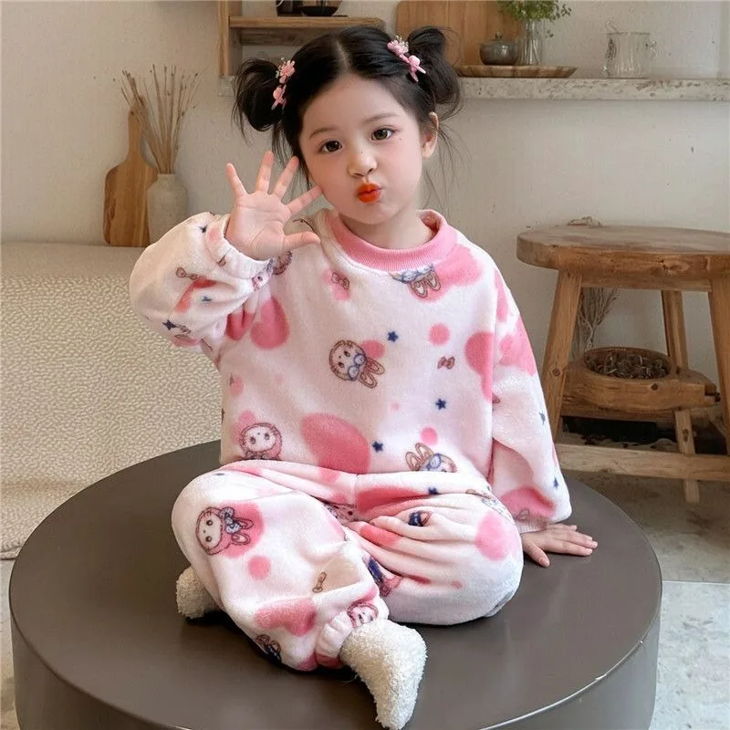 

Girls Flannel Pajamas Set Thermal Children's Sleepwear Warm Cozy Collared Onesie for Winter