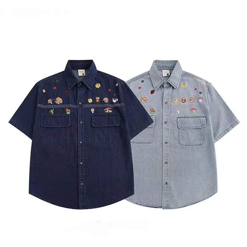 Men Women American Retro Washed Distressed Denim Short-sleeved Shirts Trendy Street Cartoon Embroidery Casual Versatile Blouse