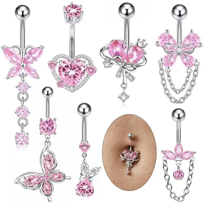 Boho Style Crystal Belly Button Rings Premium Stainless Steel Long Pendant Navel Piercing for Beach Holiday