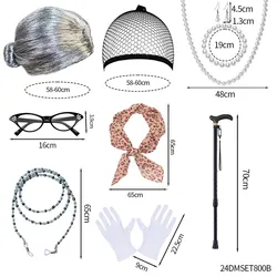 PESENAR Grandma Cosplay wig set Grandma Costume Hat Glasses Glasses Retainer Chain Pearl necklace Halloween party wig