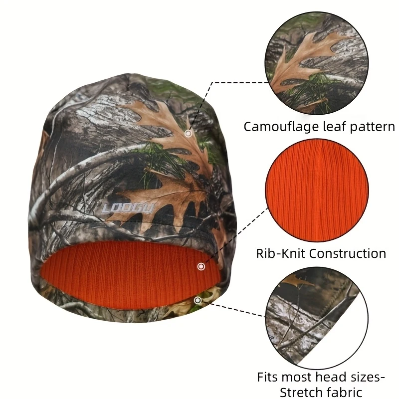 Warm Knitted Winter Beanie with Reversible Design, Skull Cap and Leaf Camouflage for Hiking, Kayaking & Outdoor Activities