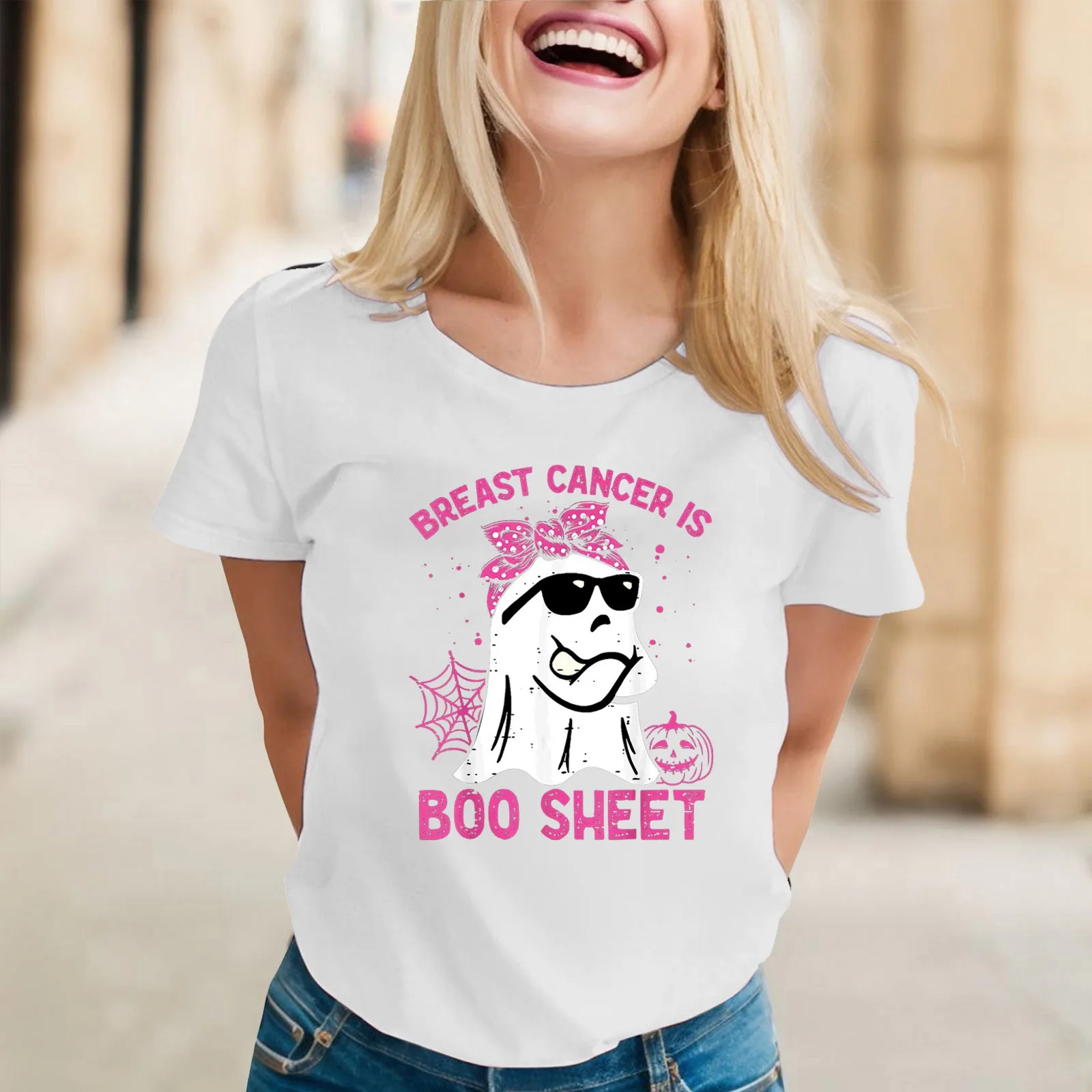 Breast Cancer Is Sheet Halloween Tee Shirt Women Breast Cancer Awareness Summer T Shirt Loose Casual Short Sleeve O Neck Tops