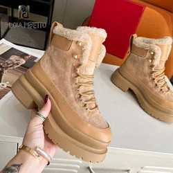 Thick Sole Platform Women Winter Warm Boots Wool Fur Lace Up Rivets Studded Luxury Cowboy Bota Cool Green Girls Beautiful Shoe