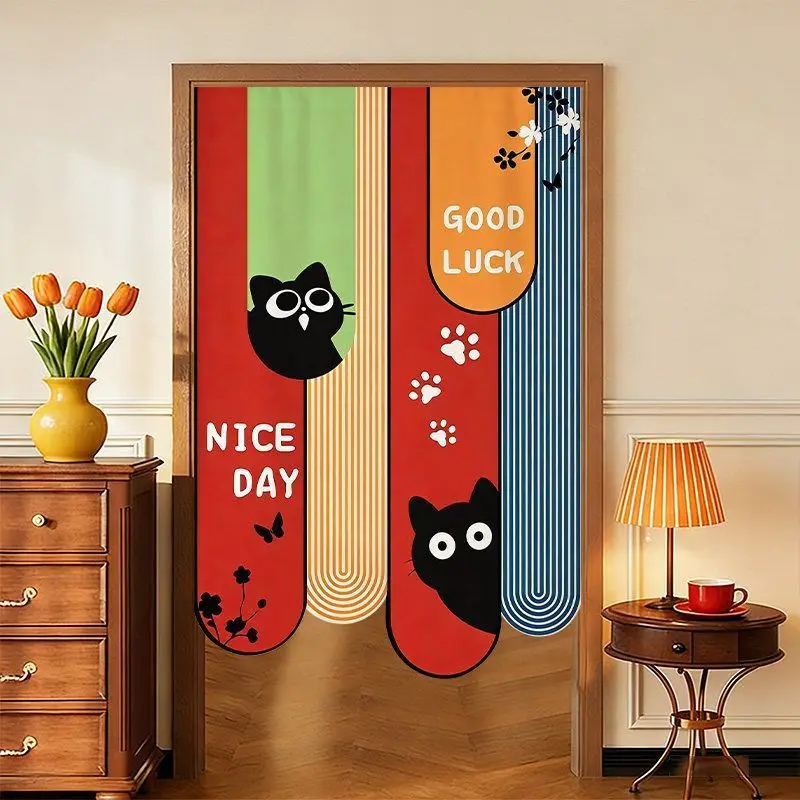Dopamine Color Block Good Luck Door Curtain, Fabric Door Curtain, No Punching, Bedroom Entrance, Privacy Partition Curtain
