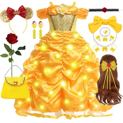 Girl Princess Belle Dress Beauty and the Beast Cosplay Costume LED Light Party Yellow Luxury Wedding Ball Gown Carnival Fancy