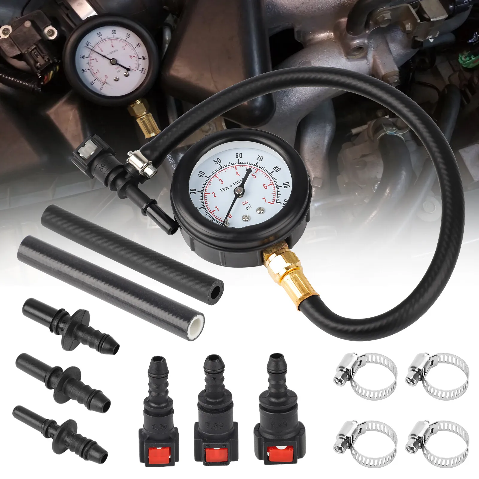 

Автомобильный тестер давления впрыска топлива с 3 быстрыми разъемами 0-100PSI