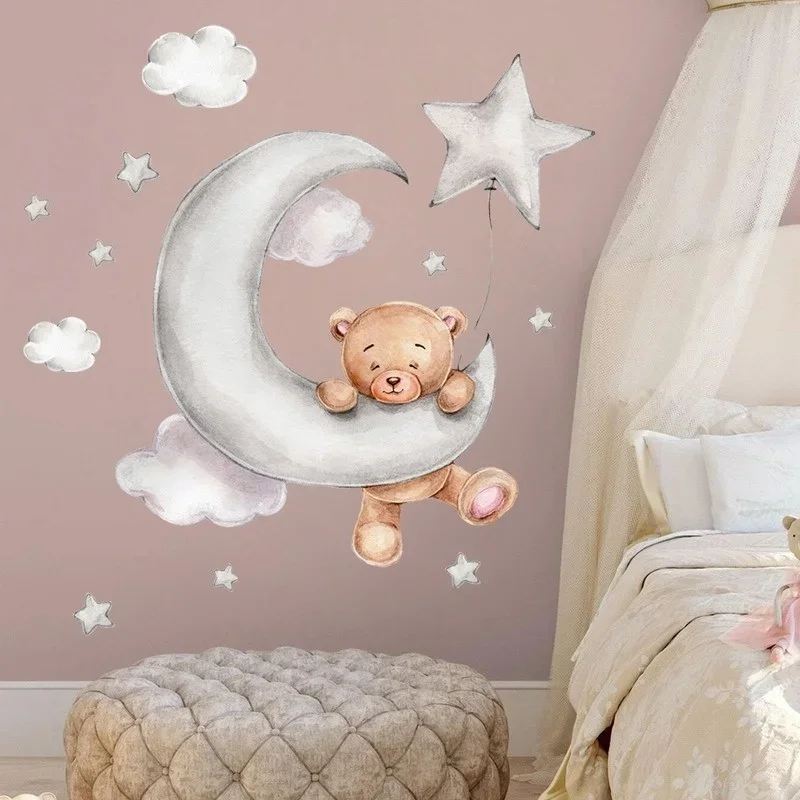 Moon Cloud Big Wall Stickers for Kids Rooms Boys Stars Large Wall Stickers for Kids Rooms Bear Bedroom Decoration