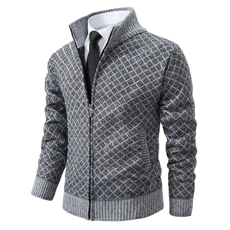 

Men's Plaid Jaet Stand up Collar Long Sve Thiened Fce Polyester Fiber Neutral Sle Autumn Wear for plus Size