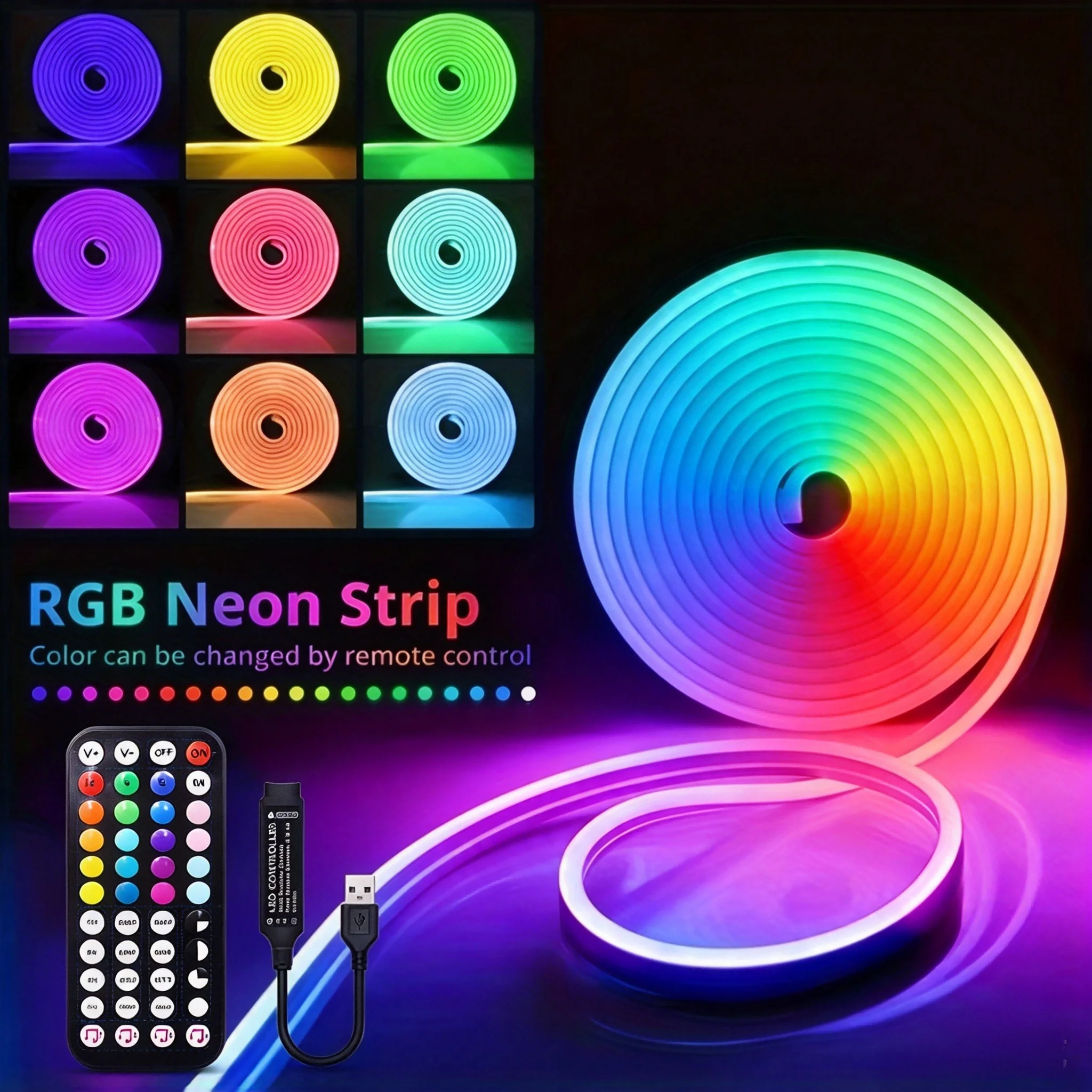 Rgb Color-Changing Neon Light Strip, Bedroom Led Light Strip, Color-Changing Led Strip with 44-Key Remote Control, Can Flash with Music, Neon Light Strip for Home and Party Decoration