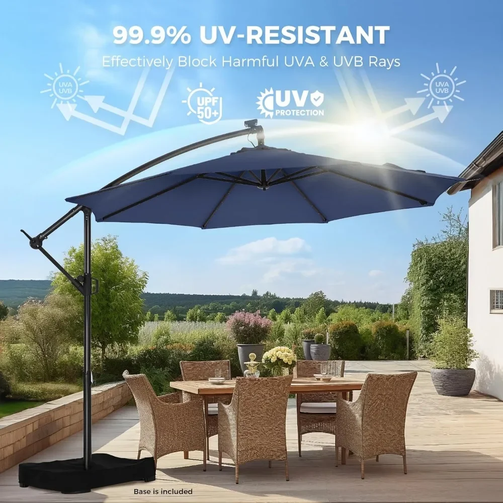 10ft Solar Lights Offset Cantilever Patio Umbrella, with Light and Base, LED Lighted Offset Hanging Patio Outdoor Mark