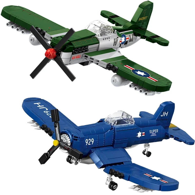 2025 WW2 Military Fighter Building Blocks US F4U Corsair Model P-51 Fighter Bricks Air Weapon Serise Toy For Boys Birthday Gifts